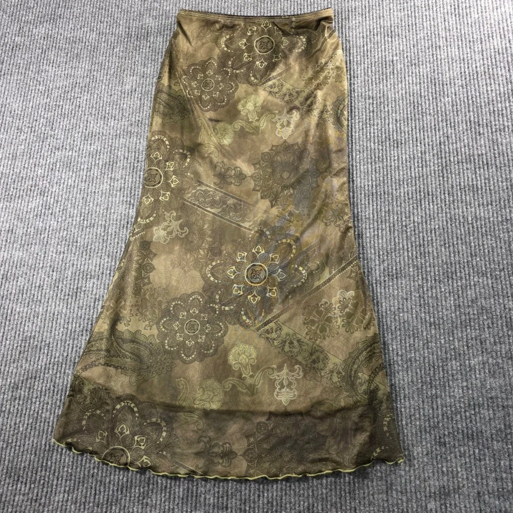 Olive Green Mandala Paisley Mesh Maxi Skirt Lettuce Edge Boho Size XS/S